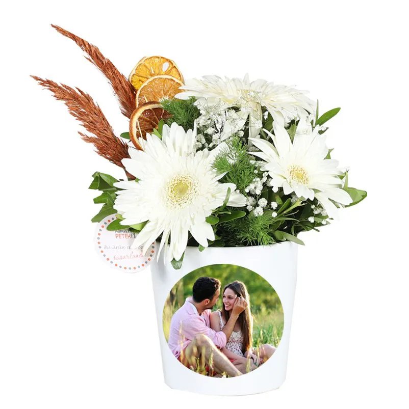 Kişiye Özel Resimli Beyaz Gerbera - Ümraniye Aynı Gün Ücretsiz Teslimat